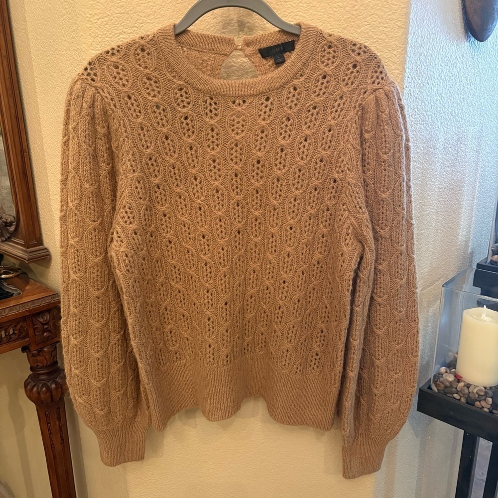 NWT~J. CREW Tan Alpaca Wool Blend Balloon Sleeve Cable Knit Sweater Size Large